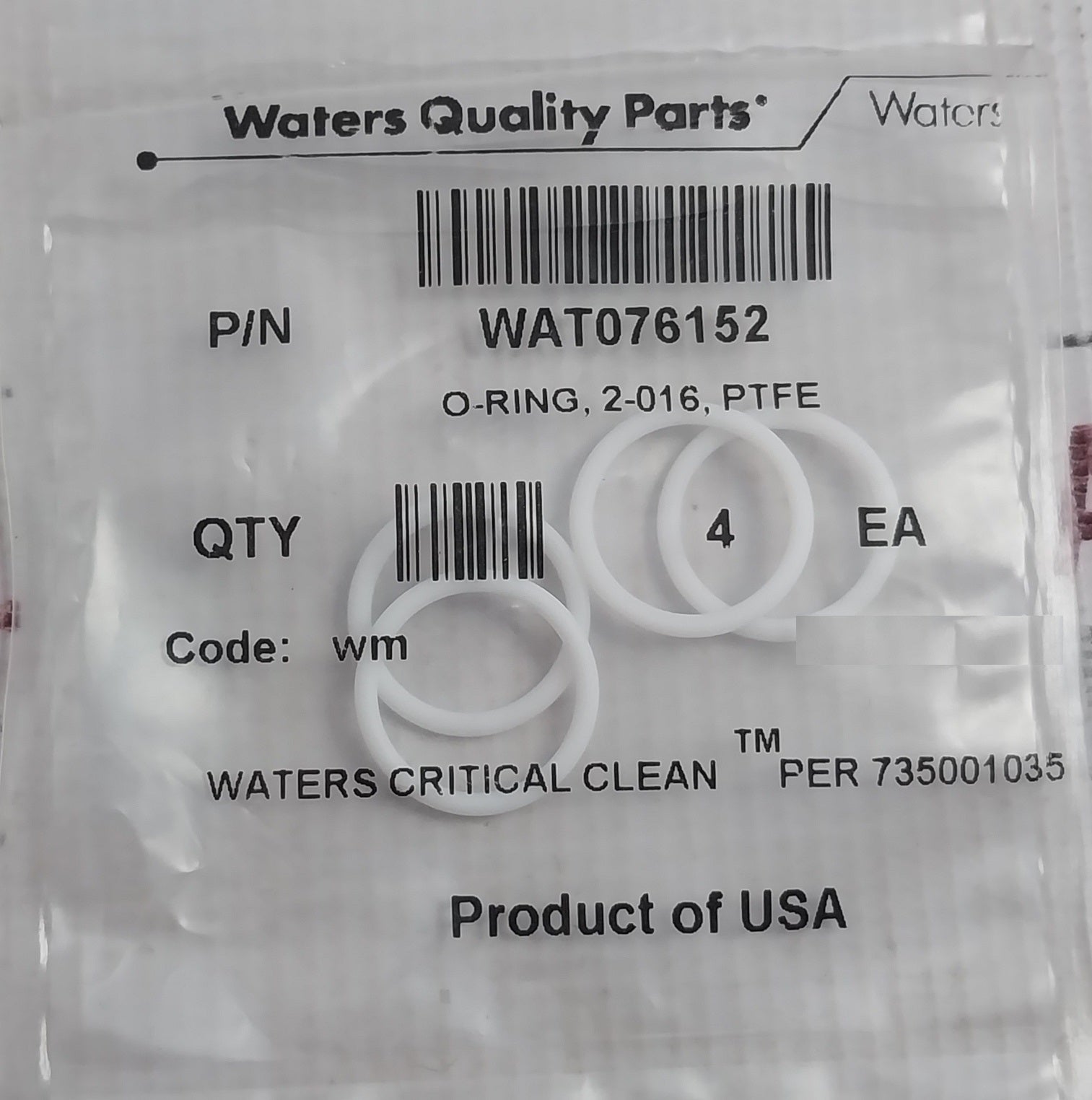 Lot of 4X WATERS WAT076152 Critical Clean O-ring, 2-016, Ptfe 735001035