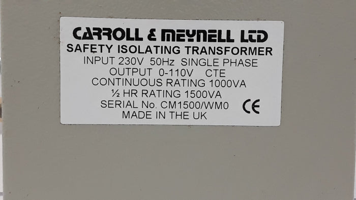 Carroll& Meynell Safety Isolating Transformer Input 230V 50Hz Single Phase