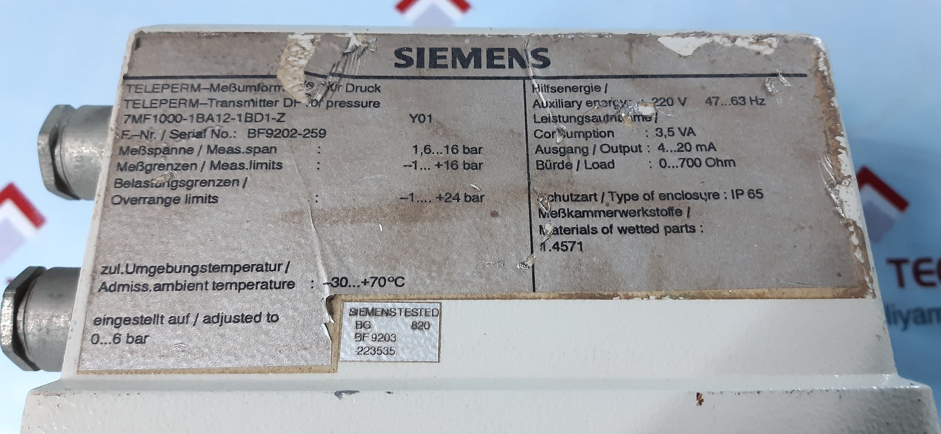 Siemens 7mf1000-1ba12-1bd1-z transmitter