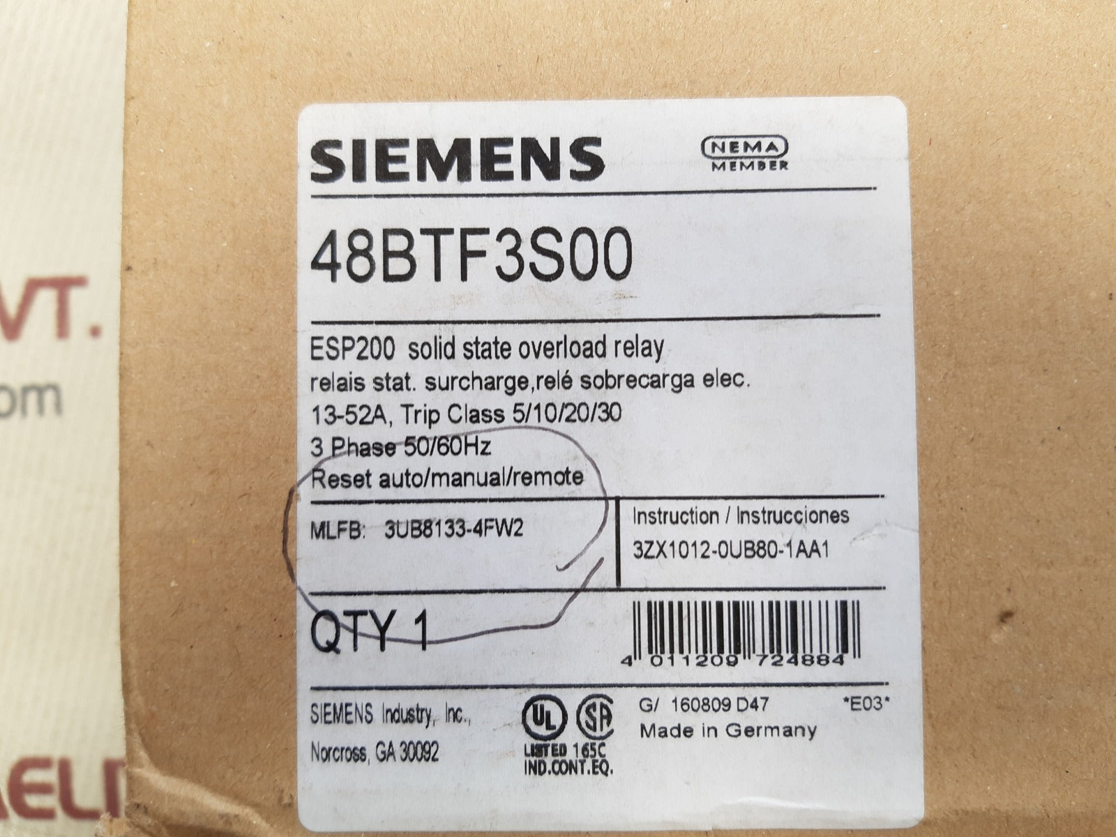 Siemens esp200 solid state overload relay 48btf3s00