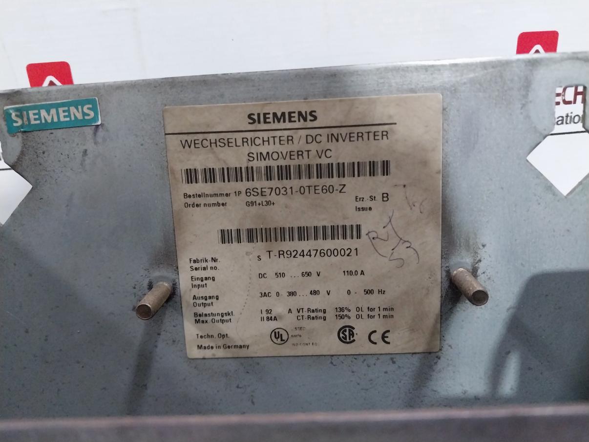 Siemens Simovert Vc 6Se7031-0Te60-z Dc Inverter G91+L30+ Dc 510-650 V 110.0A