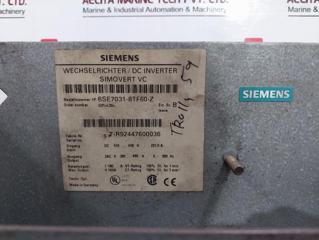 Siemens Simovert Vc 6Se7031-8Tf60-z Dc Inverter Drive G91+L30+ Dc 510-650V 221.0A
