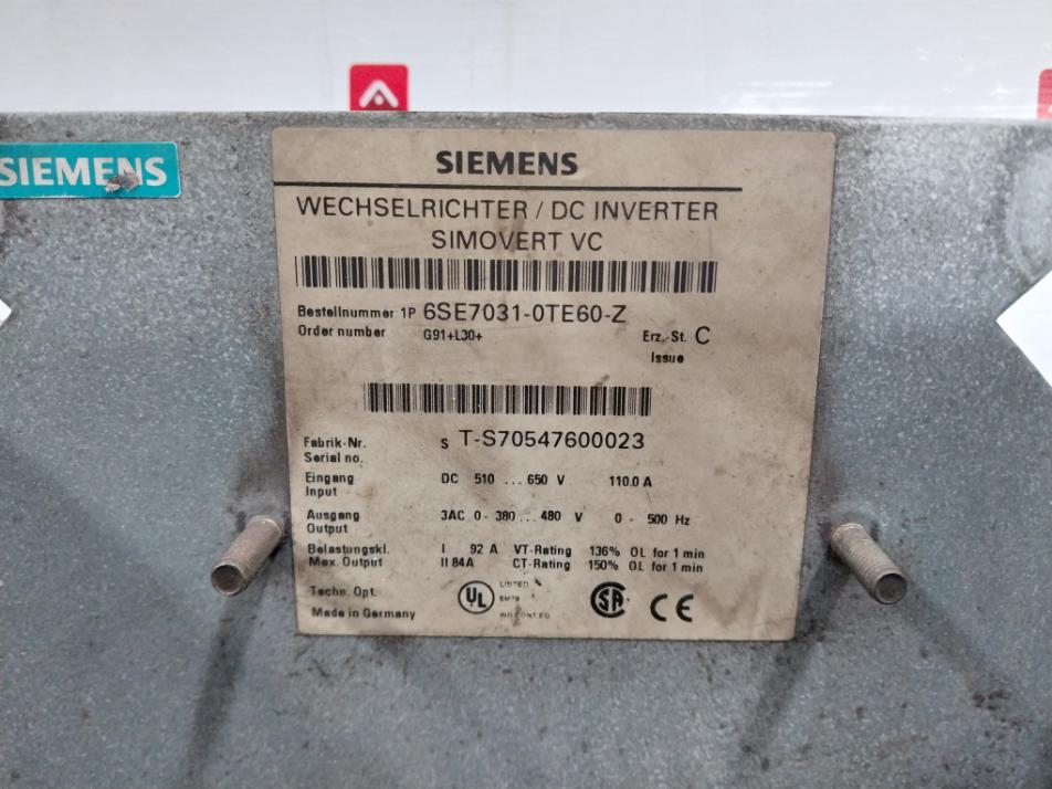 Siemens Simovert Vc 6Se7031-0Te60-z G91+L30+ Dc Inverter Masterdrive 230V Mv11
