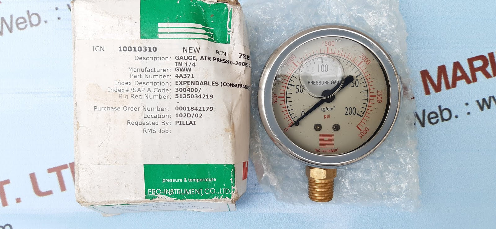Pro-instrument 4a371 air pressure gauge 0-200psi