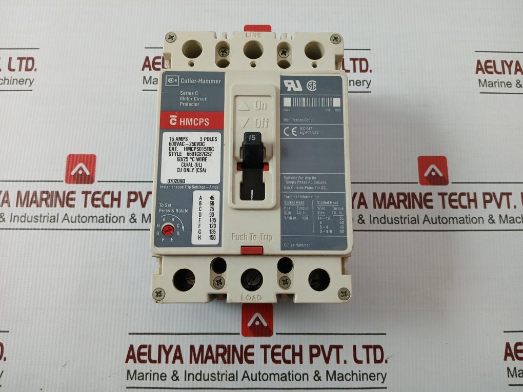 3 Pole Cutler-Hammer  Motor Circuit Protector 250vdc Hmcps015e0c