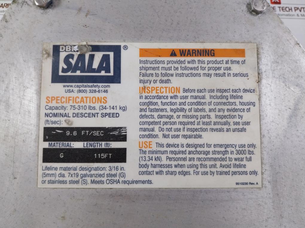 Dbi Sala 3303000 Sealed Blok Descender Rev: C 115Ft 75-310 Lbs 9.6 Ft/Sec