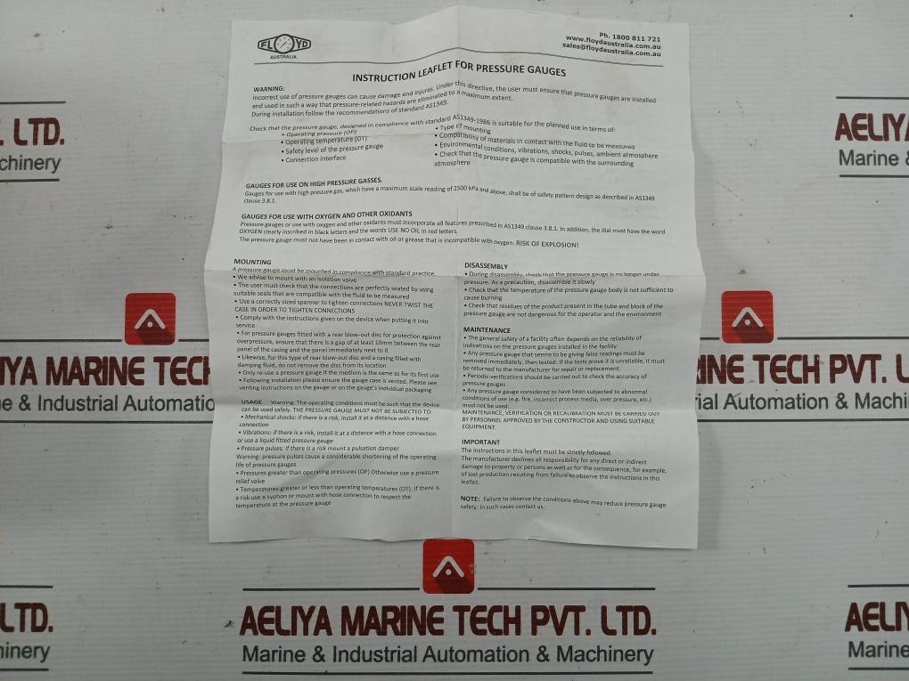 Pressure Gauge -100/1,600 Kpa Floyd Australia Asg63fs07-1/4f