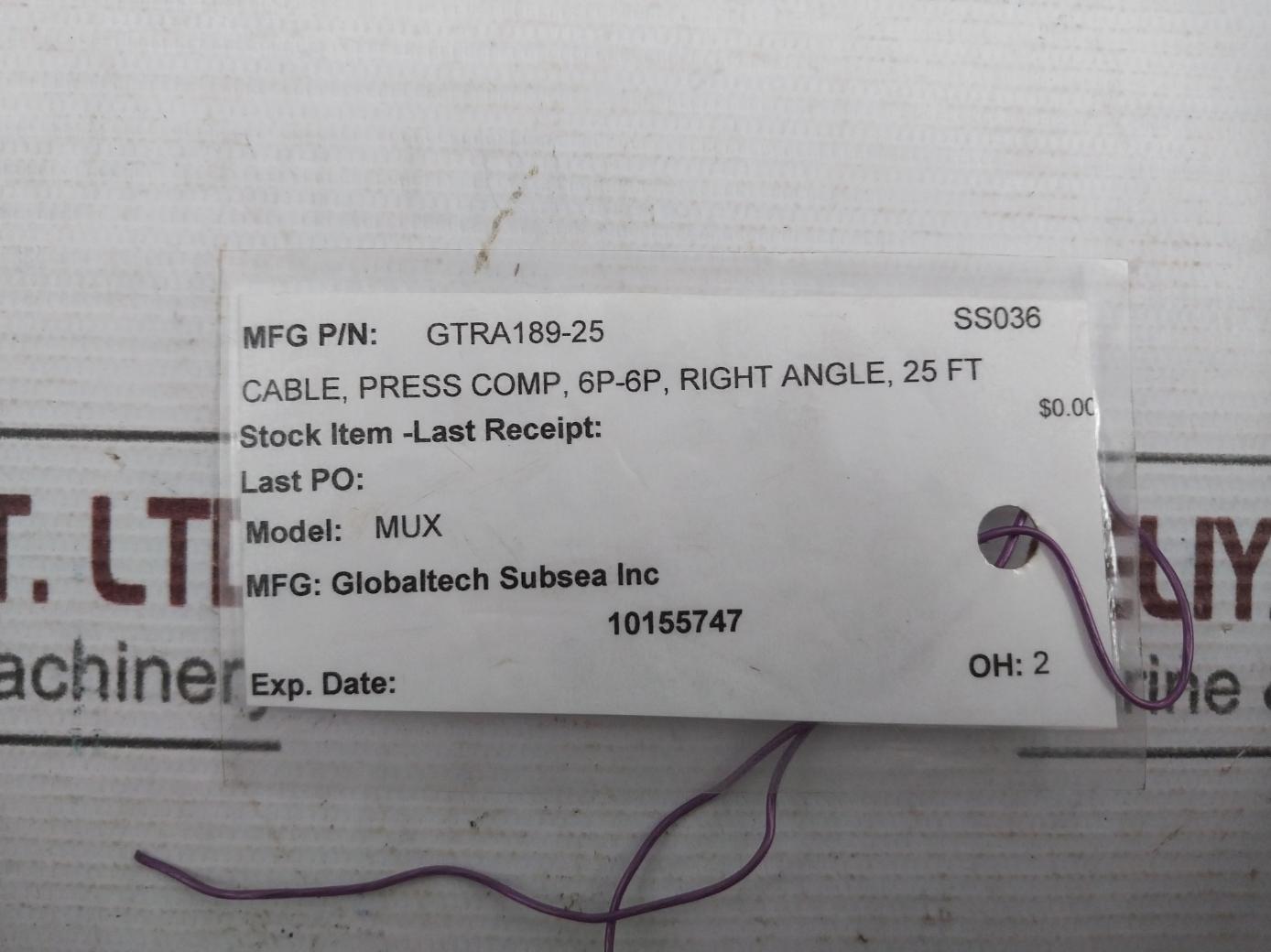 Globaltech Subsea Gtra189-25 Mux Pbof Pressure Comp Cable Assembly 8 Meter