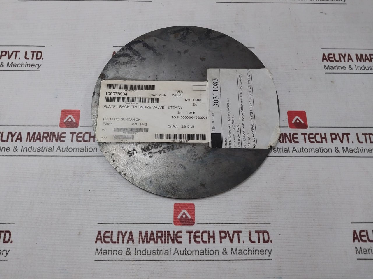 Halliburton 100078934 Pump Plate - Back Pressure Valve 30311083