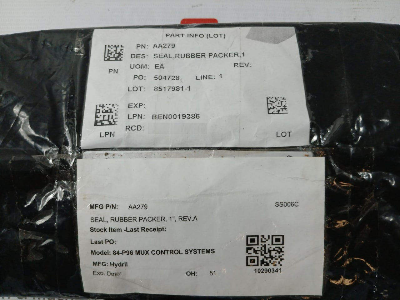 Hydril Aa279 Rubber Packer Seal 1,Rev A For 84-p96 Mux Control System Oh 51