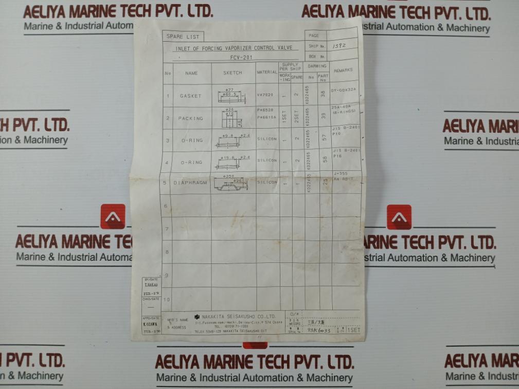 Nakakita Seisakusho Fcv-201 Control Valve O-ring, Diaphragm &amp; Gasket Kit