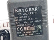 Netgear Pwr-075-712 Ac Adapter 240V 50Hz 140Ma 7.5V---1A