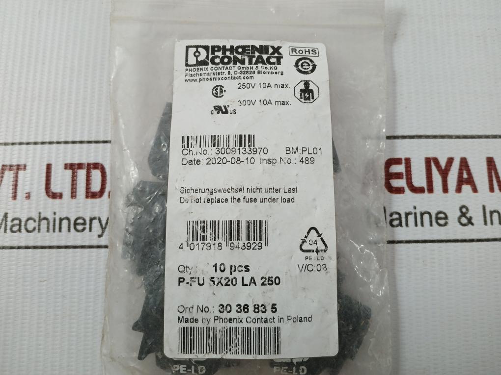 Pack Of 10x P-Fu 5x20 La 250 Fuse Plug 250v 10a Max Brand Phoenix Contact