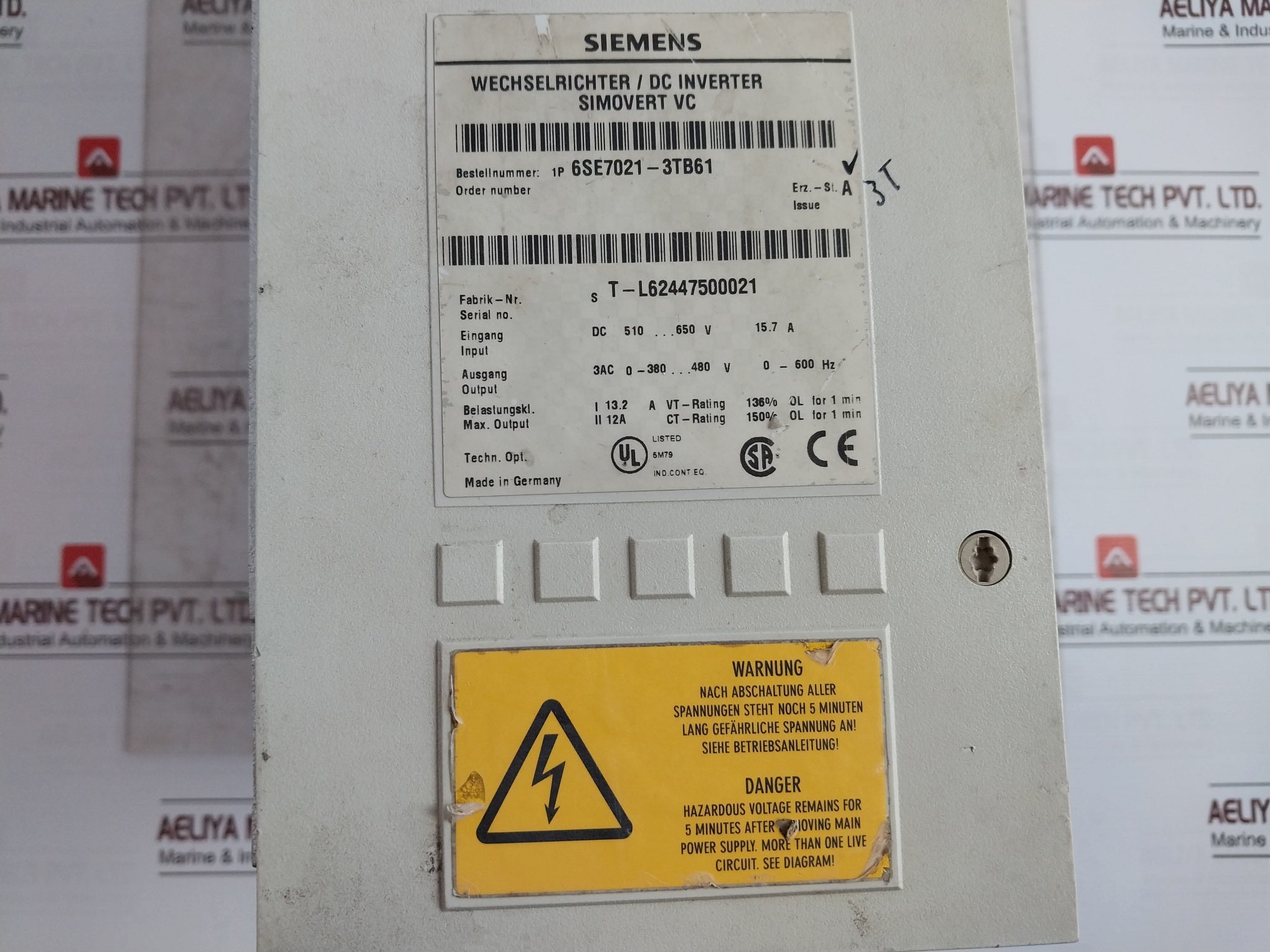 Siemens Simovert Vc 6Se7021-3Tb61 Dc Inverter 94V-0 (Not Working)