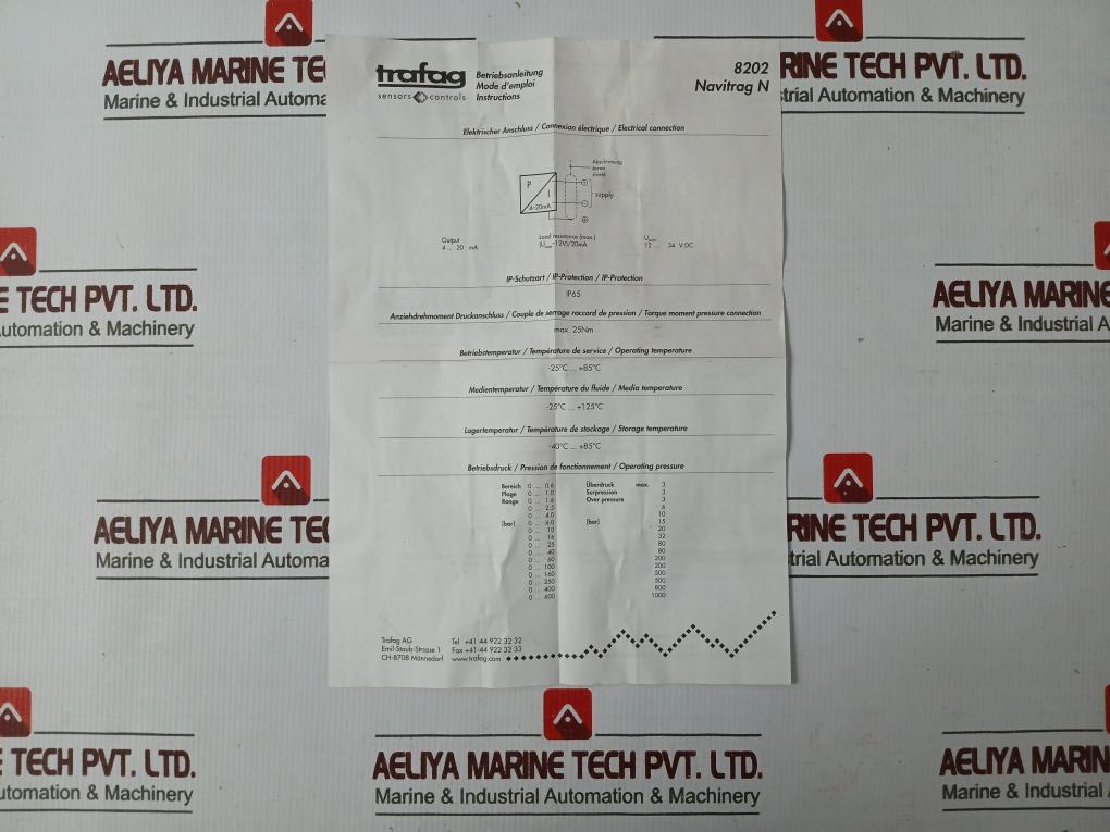Trafag 8202 Pressure Transmitter 6Bar 0-70°C Ip65 12-34Vdc