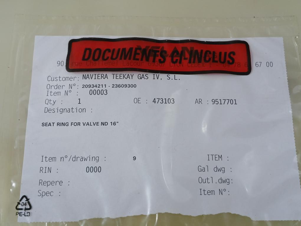 New 20934211-23609300 Seat Ring For Valve Nd 16" By Velan