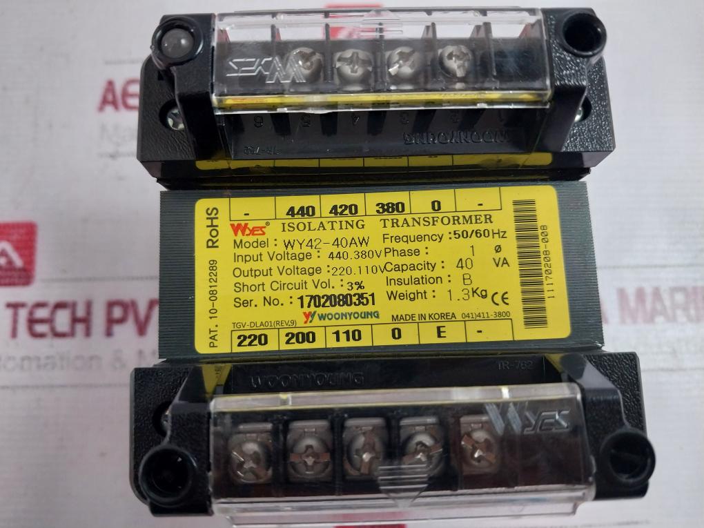 Woonyoung Wy42-40Aw Single-phase Isolation Transformer, 40Va 440V/220V