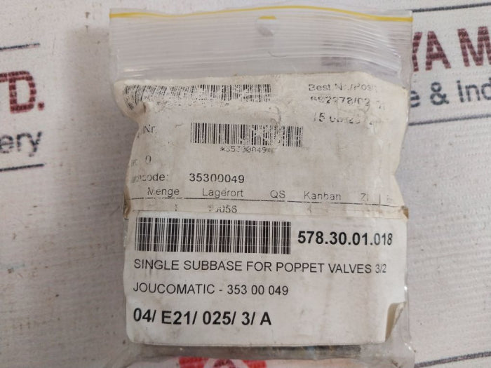Asco 35300049 Single Subbase For Poppet Valve 3/2