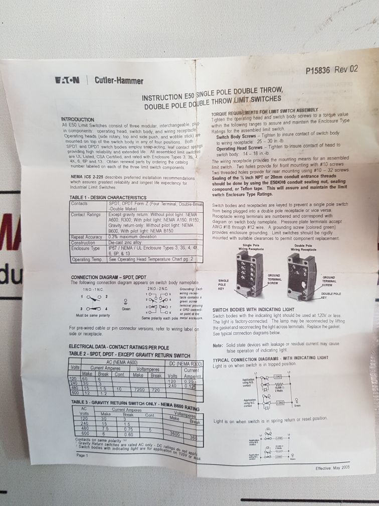 Cutler-hammer E50Dr1 Series A1 Limit Switch Head Rev: 02