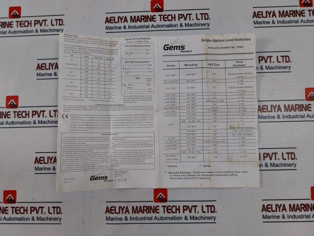 Gems Sensors Ls1900 1/4" Npt Single-station Level Switch 72947