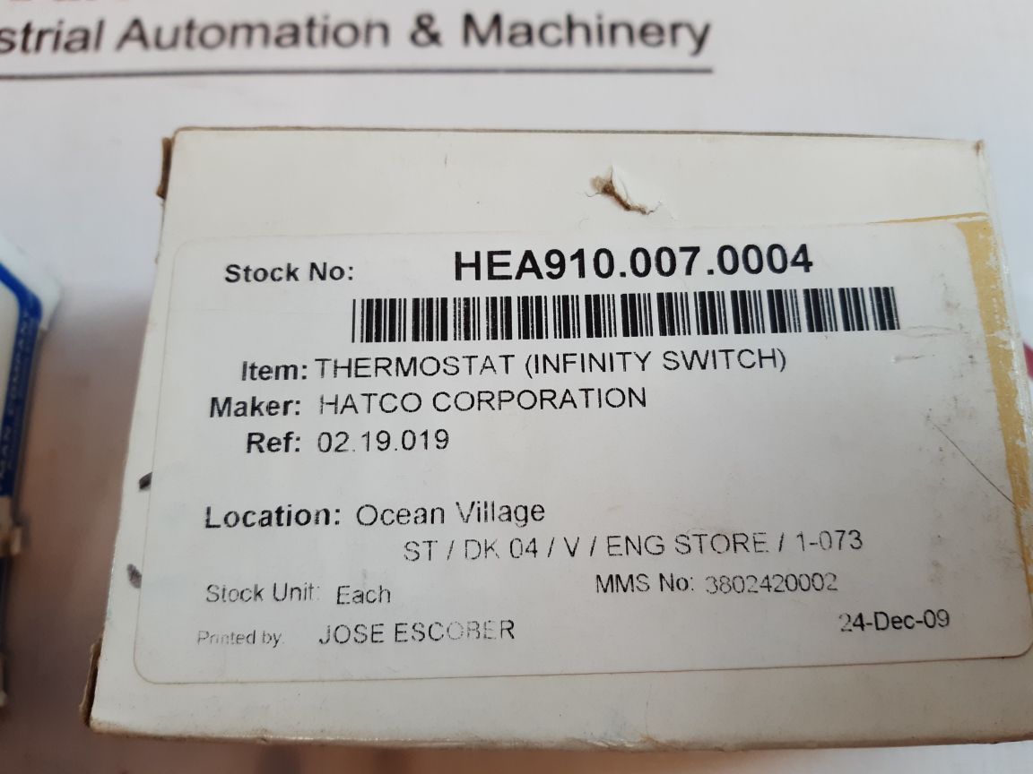 Hatco 6653g0006a thermostat (infinity switch) 02 19 019