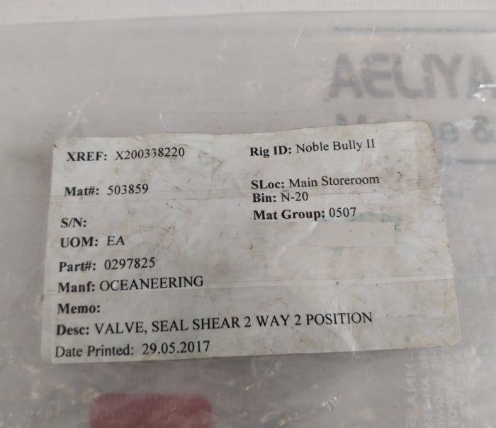 Oceaneering 0297817-b Valve Seal Shear 2 Way 2 Position
