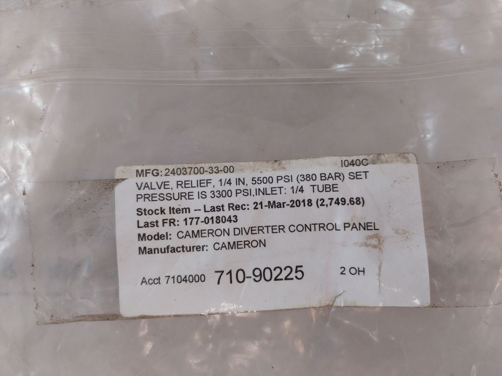 Parker 4A-lpra-epr-3,300-sslh3690 Diverter Control Panel Relief Valve