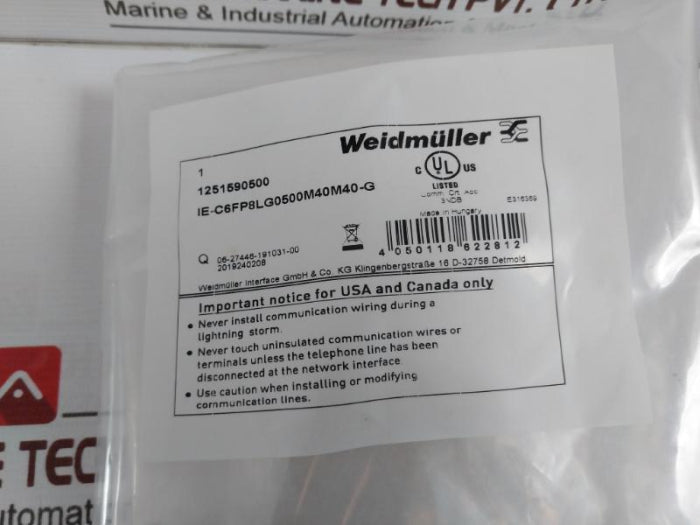 Weidmuller 1251590500 Patch Cord Copper Twisted Pair Ie-c6Fp8Lg0500M40M40-g